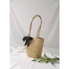 Beribboned Woven Rattan Shopper Bag Beige - One Size