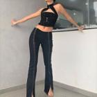 Set: Halter-neck Stitch Cutout Crop Top + Low-waist Slim-hem Boot-cut Pants