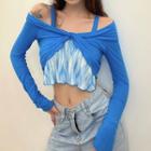 Mock Two-piece Cold-shoulder Long-sleeve Cropped Top