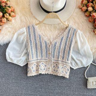 Crochet-knit Panel Puff Sleeve Blouse Almond - One Size