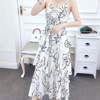 Print Spaghetti-strap Tiered Chiffon Dress