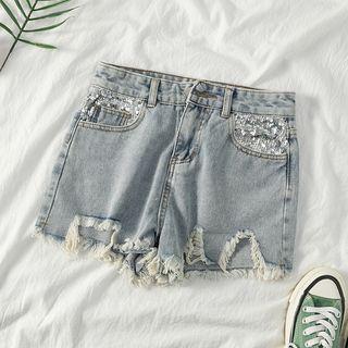 Sequined Asymmetric Fray Hem Denim Hot Pants