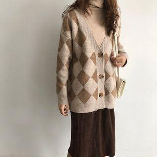 Diamond Check Cardigan Khaki - One Size