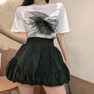 Short-sleeve Mesh Floral T-shirt / A-line Skirt
