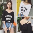 Lettering 3/4 Sleeve Off Shoulder T-shirt