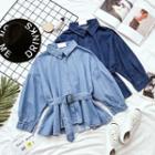 Puff-sleeve Belted Denim Blouse