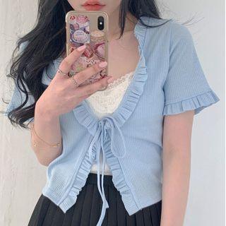 Ruffle-hem Open-front Cardigan