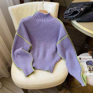 Mock-neck Contrast Trim Sweater 173-1132 - Purple & Green - One Size