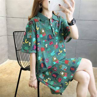 Animal Print Elbow-sleeve Polo Shirt Dress