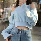 Cold-shoulder Cutout Cropped Pullover Blue - One Size