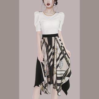 Set: Puff-sleeve Top + Print Asymmetrical A-line Skirt
