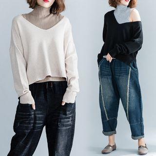 Set: Turtleneck Sleeveless Knit Top + V-neck Sweater
