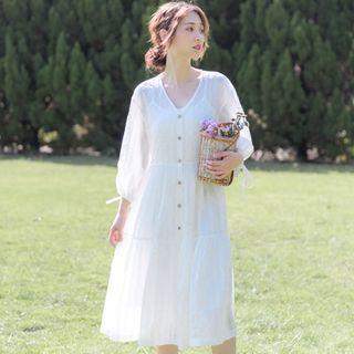 Set: V-neck Long-sleeve Midi A-line Dress + Slipdress