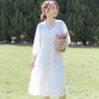 Set: V-neck Long-sleeve Midi A-line Dress + Slipdress