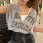 Mock Two-piece Sleeveless Lettering T-shirt