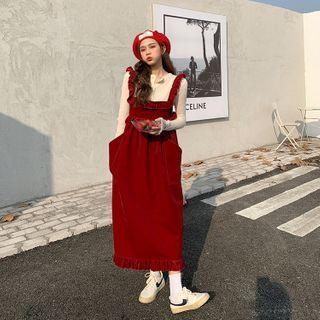 Corduroy Jumper Pants / Long-sleeve Button-up Knit Top
