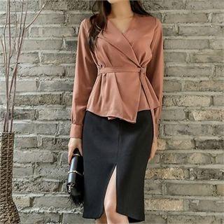 Asymmetric-lapel Surplice-wrap Satin Blouse