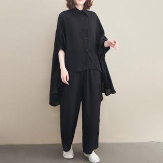 Set: Oversized Shirt + Wide-leg Pants Shirt & Pants - Black - One Size
