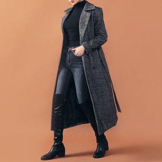 Double-breasted Herringbone Coat With Sash