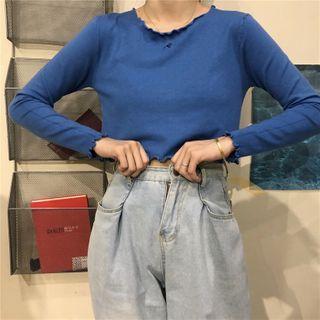 Round-neck Ruffle Plain Skinny Long-sleeve Crop Top