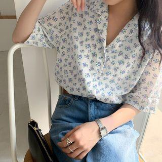 Short-sleeve Floral Print Shirt Purple Floral - White - One Size