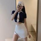 Polo-collar Top And Skinny Skirt