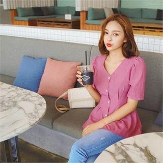 V-neck Pintuck-trim Blouse Pink - One Size