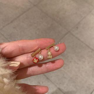 Faux Pearl Peanut Fruit Asymmetrical Alloy Dangle Earring 1 Pair - Asymmetric - Gold & White & Red - One Size