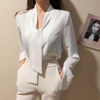 Scarf-neck Wide-cuff Crepe Shirt