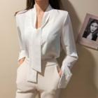 Scarf-neck Wide-cuff Crepe Shirt