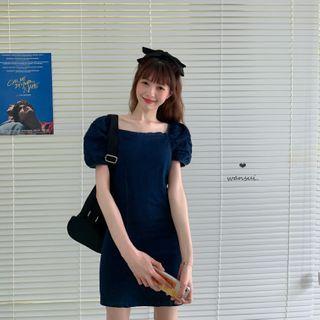 Puff-sleeve Square-neck Mini Sheath Dress
