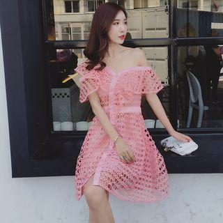 Off-shoulder Perforated Ruffle Dress