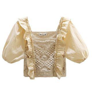 Ruffle Trim Crochet Panel Cropped Blouse Yellow - One Size