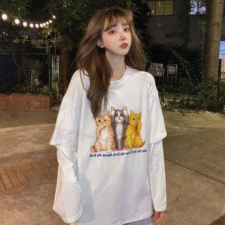 Mock Two Piece Printed Long-sleeve Top