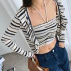 Set: Halter-neck Zebra Print Crop Top + Cardigan