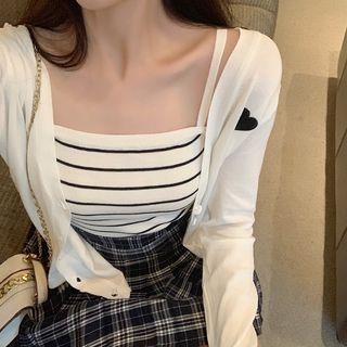 Heart Printed Light Jacket / Striped Camisole Top / Plaid Pleated Skirt