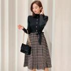 Mock Two-piece Long-sleeve Houndstooth Midi A-line Dress As Shown In Figure - One Size