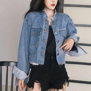 Frayed Trim Denim Jacket Denim Blue - One Size
