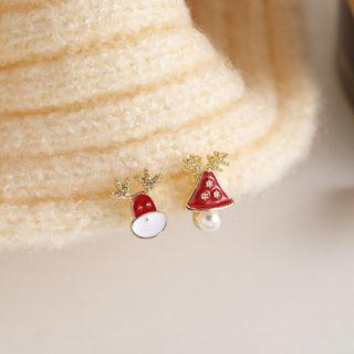 Christmas Deer Bell Asymmetrical Alloy Dangle Earring 1 Pair - S925 Silver - Red & White - One Size