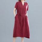 V-neck Short-sleeve Shift Dress With Sash