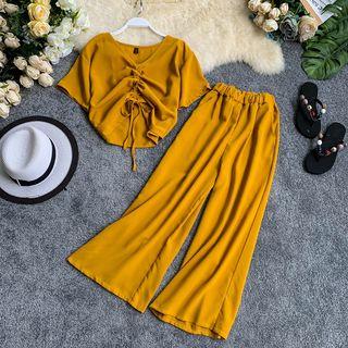 Set: Short-sleeve Drawstring Cropped Top + Wide-leg Pants