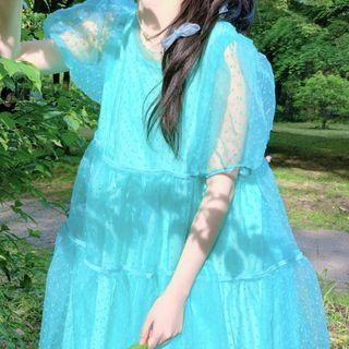 Puff-sleeve Mesh Midi A-line Dress Bluish Green - One Size
