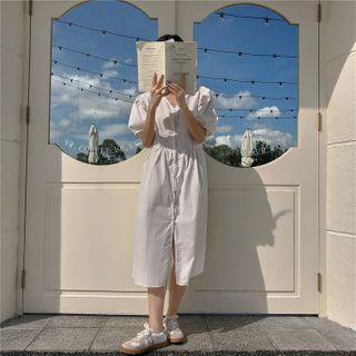 V Neckline Plain Puff-sleeve Dress