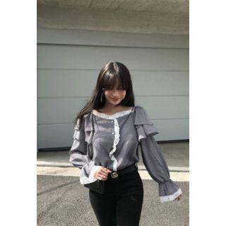 Off-shoulder Lace-trim Checked Top