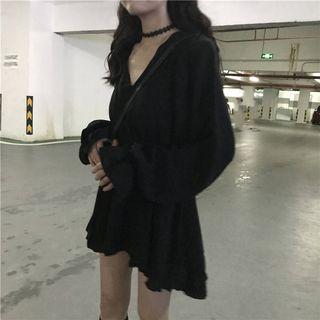 V-neck Lantern-sleeve Blouse Black - One Size