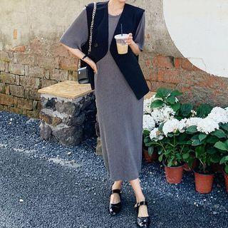 Elbow-sleeve Midi A-line Dress / Vest / Set