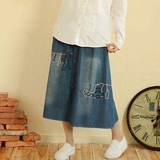 Embroidered Denim Midi Skirt