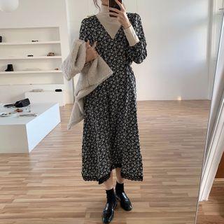 Turtleneck Panel Floral Midi A-line Dress / Fleece Button-up Vest