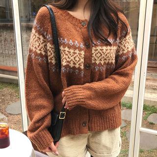 Round-neck Pattern Wool Blend Cardigan