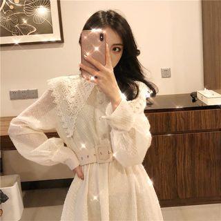 Long-sleeve Lace Collared Midi Dress